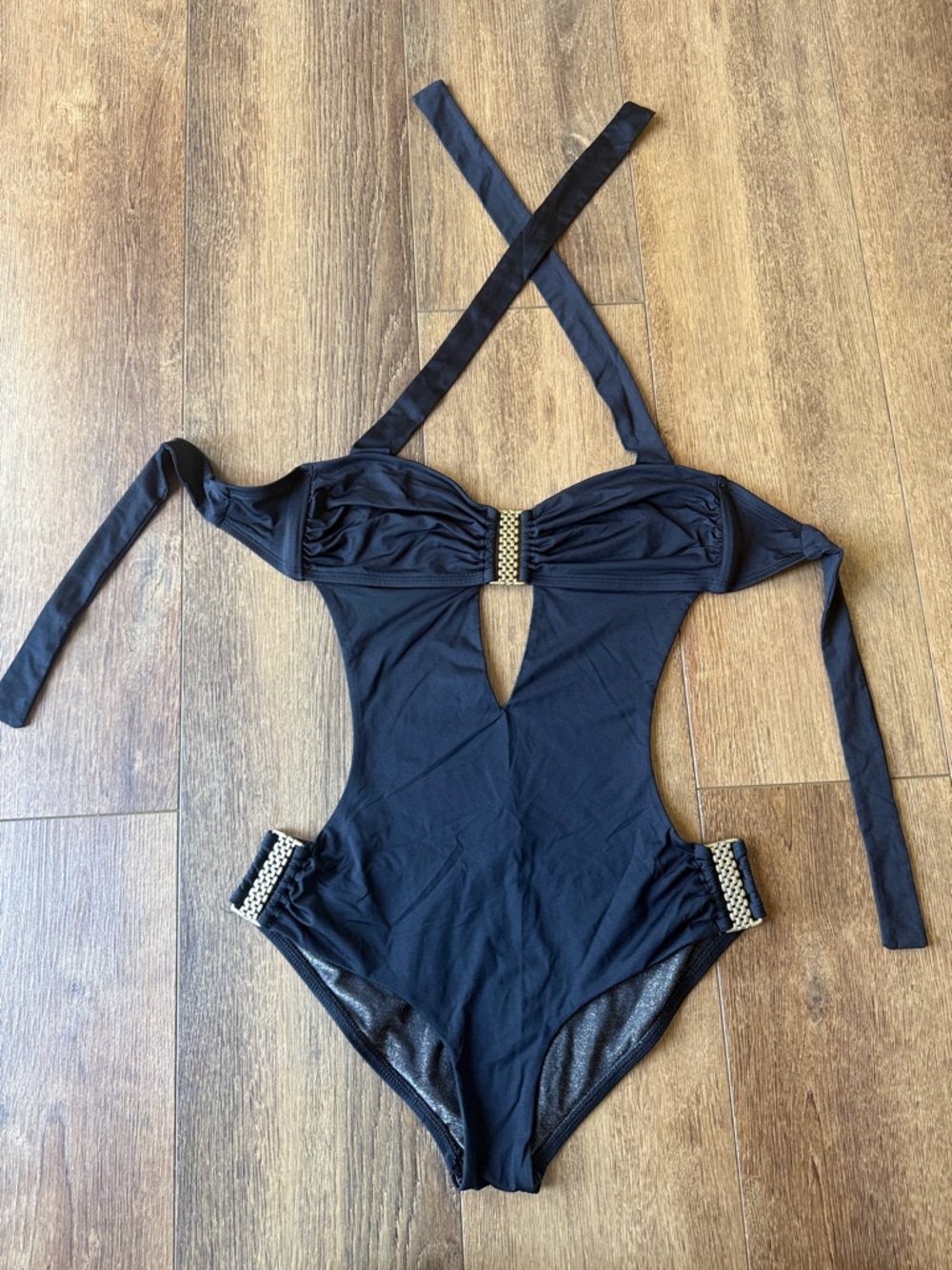 VITAMINA A Black One-Piece Cutout Swimsuit with Gold Accent